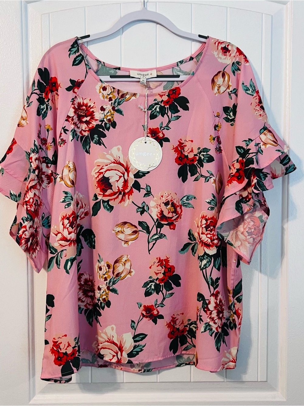 Umgee Pink Floral Ruffle Sleeve Women's Top XL